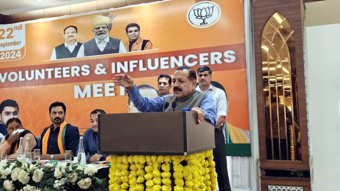 Union Minister, Dr Jitendra Singh addressing Influencers Meet organised by BJP Social Media Department at Jammu on Sunday.