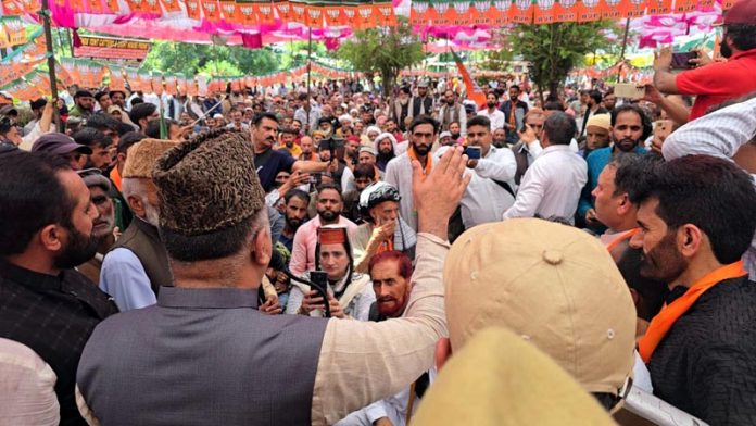 Rajya Sabha MP, Ghulam Ali Khatana addressing a public rally in Poonch on Thursday.