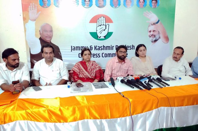 Congress leader and MLA of Gujarat Jignesh Mevani addressing a press conference in Jammu on Wednesday.