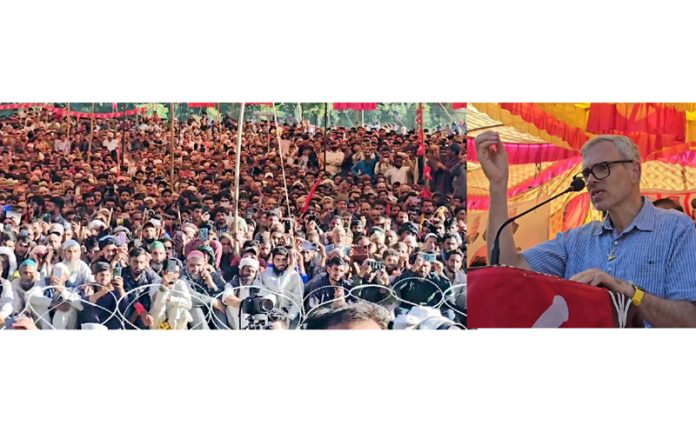 NC vice president Omar Abdullah addressing a public meeting at Mendhar on Friday.