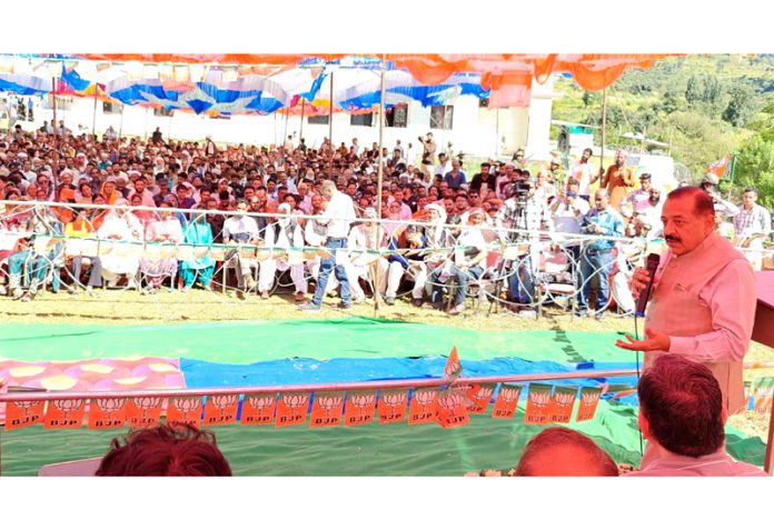 Union Minister Dr Jitendra Singh addressing a BJP election meeting in Budhal on Friday.