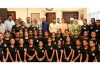 Lieutenant Governor Manoj Sinha posing along with officials, coaches and Gymnasts at Raj Bhawan in Srinagar.