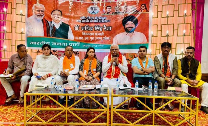 BJP national general secretary, (Org), B L Santosh addressing an election meeting in Jammu South Assembly segment on Sunday.