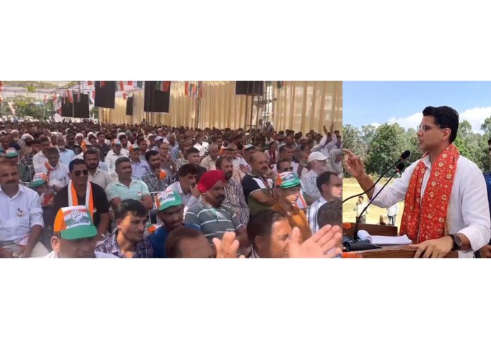 AICC gen secy Sachin Pilot addressing public rally at Udhampur on Sunday. -Excelsior/K. Kumar