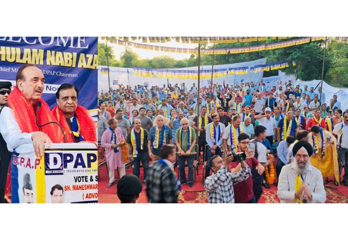 DPAP chief Ghulam Nabi Azad addressing a public meeting at Paloura in Jammu. -Excelsior/Rakesh