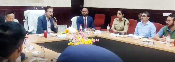 Secretary Border Management, Dr Rajendra Kumar chairing a meeting in Leh on Sunday.