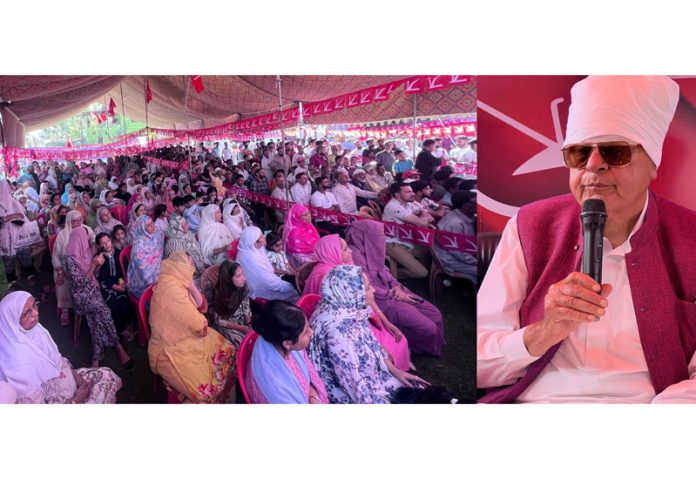 NC President Dr. Farooq Abdullah addressing election rally in Ganderbal.