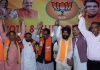 BJP senior leader Ram Madhav at an election rally with party leaders at RS Pura on Tuesday.