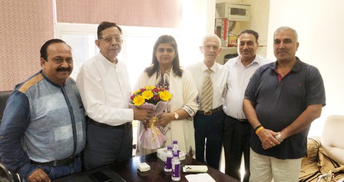 Office bearers of JCMS felicitate Bhanu Mahajan during a function at Jammu on Saturday.