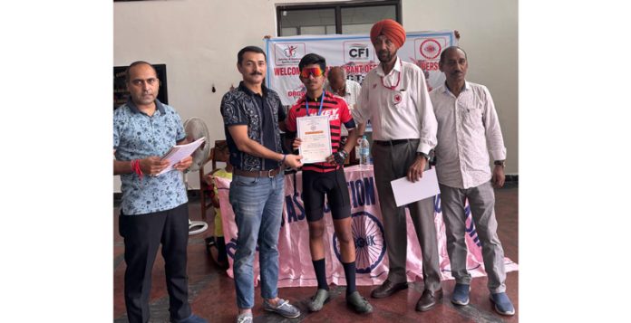 DPS Jammu student Ameya Chourey receiving certificate after clinching 2nd position in Jammu District Cycling competition.