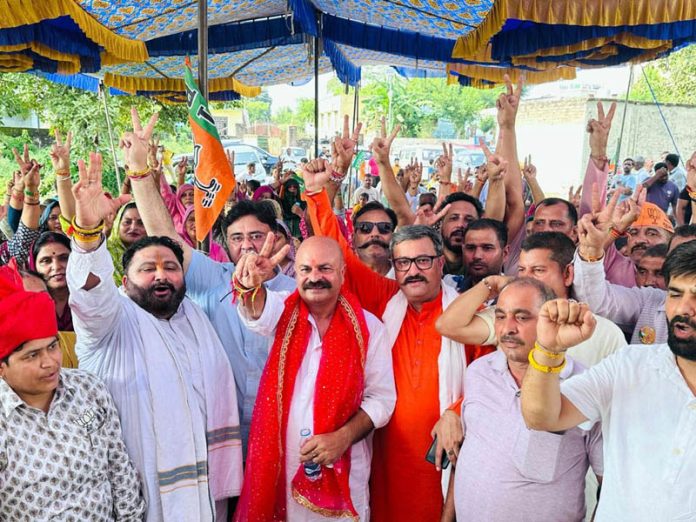 BJP candidate from Jammu East, Yudhvir Sethi during an election meeting at Athem on Saturday