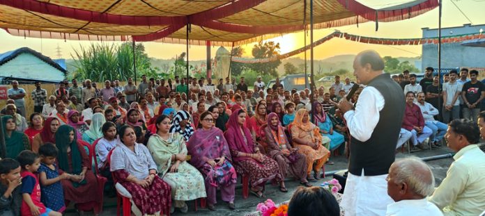 Former Minister and BJP candidate from Samba, Surjit Singh Slathia addressing an election rally on Saturday.