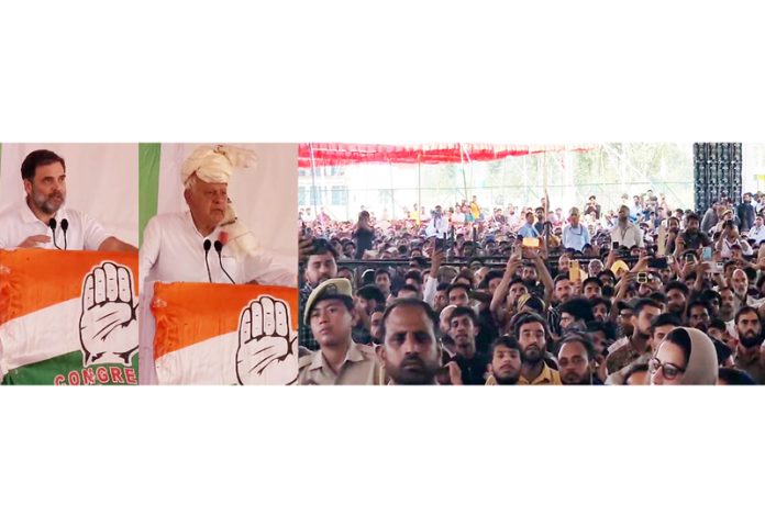 LOP in Lok Sabha Rahul Gandhi and NC president Dr Farooq Abdullah addressing a public rally at Surankote on Monday. —Excelsior/Waseem