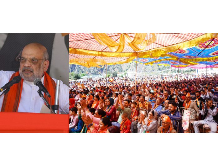 Union Home Minister Amit Shah addressing a rally at Paddar on Monday. - Excelsior/Tilak Raj