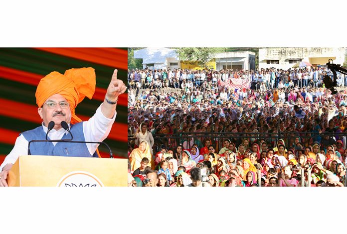 BJP president JP Nadda addressing a massive rally at Phinter, Billawar on Friday. — Excelsior/Pradeep