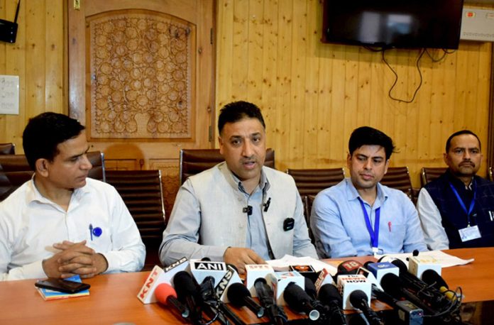 Officers from Anti Corruption Bureau addressing a press conference in Srinagar on Monday. — Excelsior/Shakeel