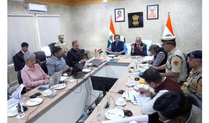 LG Ladakh Brig (Retd) BD Mishra and Union Home Secretary Govind Mohan addressing a meeting at Leh on Sunday.