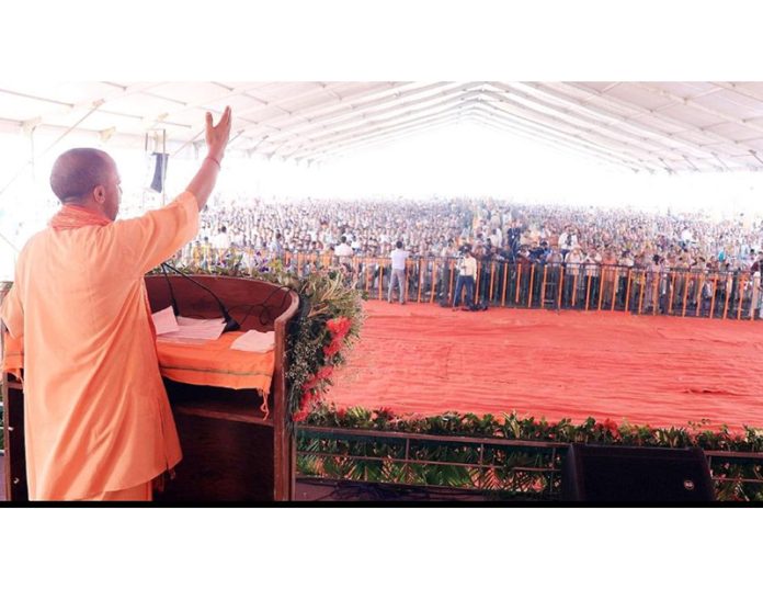 UP Chief Minister Yogi Adityanath addressing an election rally in Jammu on Thursday.