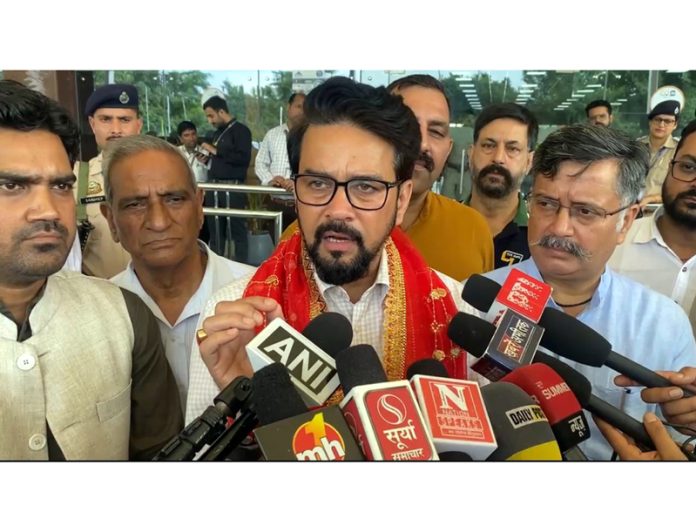 Former Union Minister Anurag Thakur talking to reporters at Jammu on Wednesday. -Excelsior/Rakesh