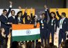 Members of gold medalist team India celebrate their victory at the awards ceremony of the Women's category of the 45th FIDE Chess Olympiad Budapest 2024 in Hungary. (UNI)