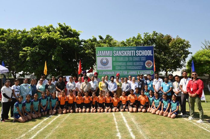 Kho-Kho teams and school management of JSS posing for group photograph with chief guest DG, YSS Rajinder Singh Tara .