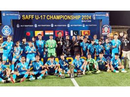 Indian Football team posing with trophy at Bhutan.