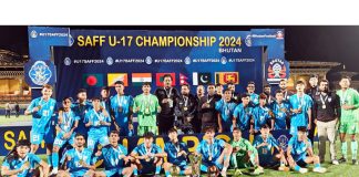 Indian Football team posing with trophy at Bhutan.