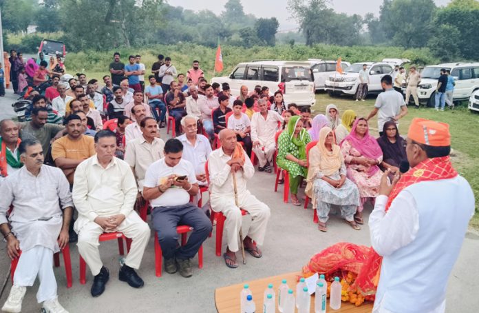 BJP candidate, Mohan Lal contesting from Akhnoor addressing a gathering on Sunday.