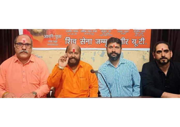 Shiv Sena leaders addressing a press conference at Jammu on Thursday.