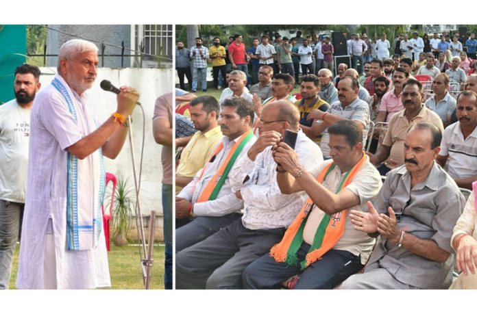 BJP candidate for Jammu North constituency, Sham Lal Sharma addressing an election meeting on Saturday.