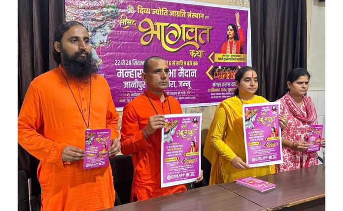 Saints from Divya Jyoti Jagrati Sansthan addressing a press conference in Jammu on Tuesday.