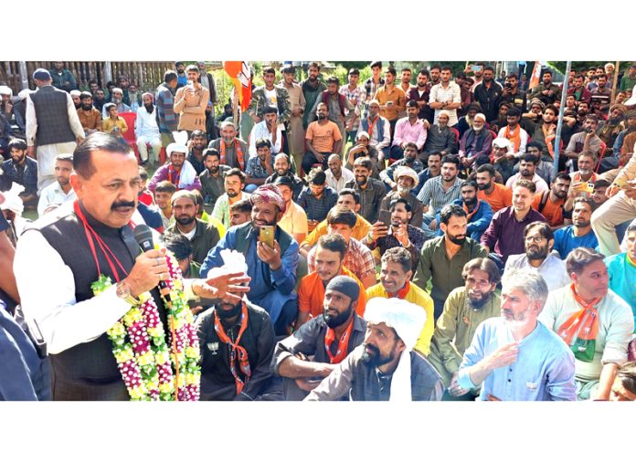 Union Minister Dr Jitendra addressing a BJP election public meeting in remote Chhatru area of Inderwal Assembly constituency on Friday.