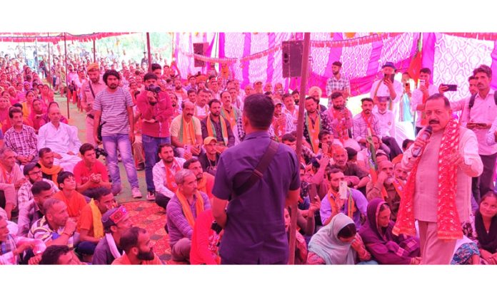 Union Minister Dr Jitendra Singh addressing a BJP public meeting in Bhomag area of Shri Mata Vaishno Devi Assembly constituency on Tuesday.