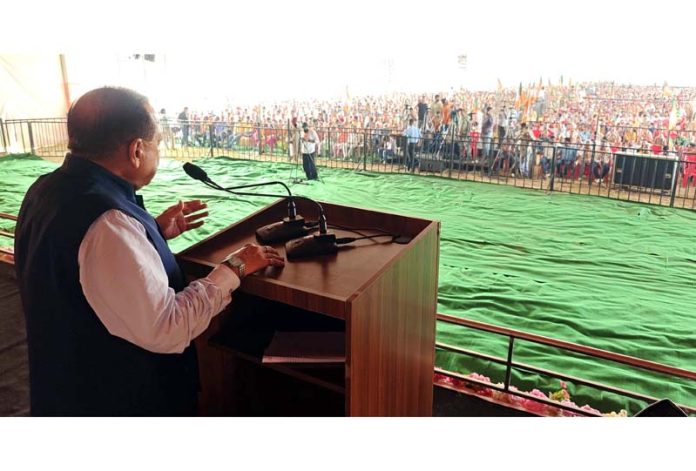 Union Minister Dr Jitendra Singh addressing a BJP public rally at Udhampur on Thursday.