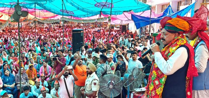 Union Minister Dr Jitendra Singh addressing a BJP election  rally at Billawar on Tuesday.