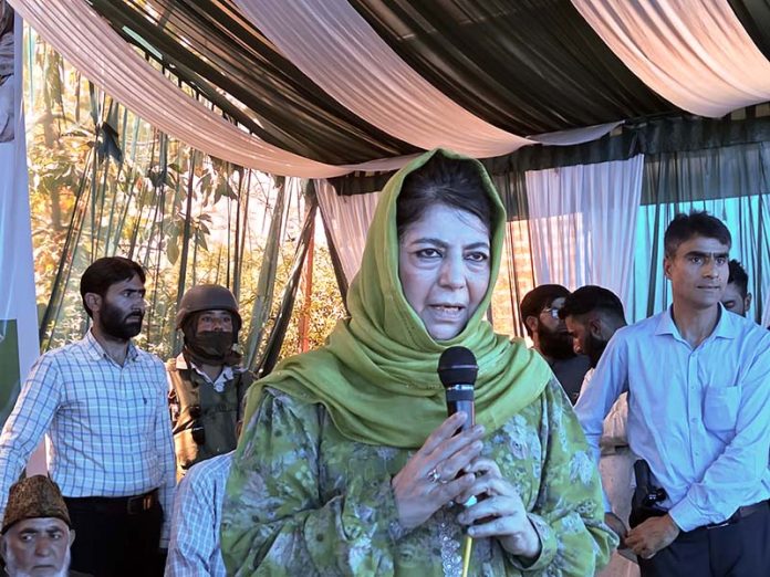 Mehbooba Mufti addressing a public gathering at Pulwama on Monday. -Excelsior/Younis Khaliq