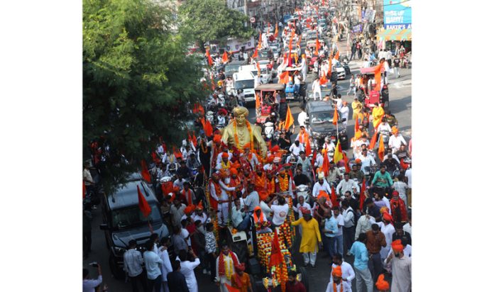 Members of Yuva Rajput Sabha taking out rally in Jammu on birth anniversary of Maharaja Hari Singh. — Excelsior/Rakesh