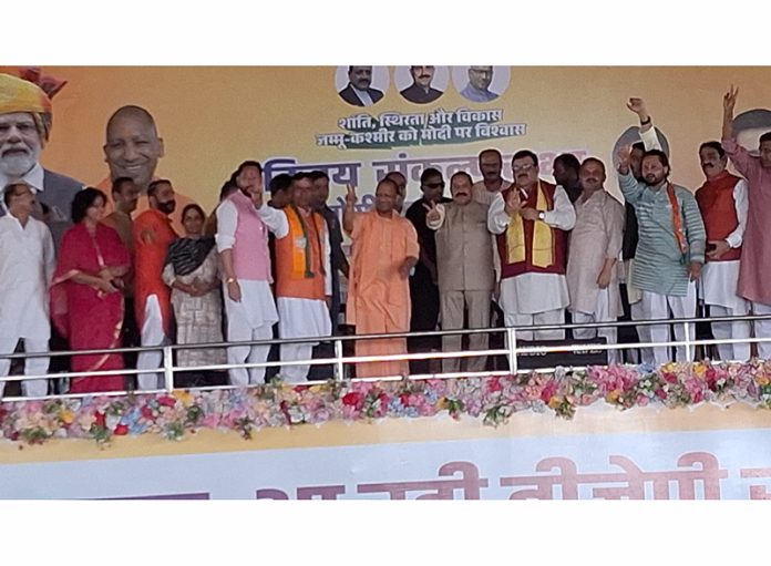 UP CM, Yogi Adityanath, Union Minister, Dr Jitendra Singh and other BJP leaders at an election rally at Nagri Kathua on Friday. Excelsior/ Pardeep