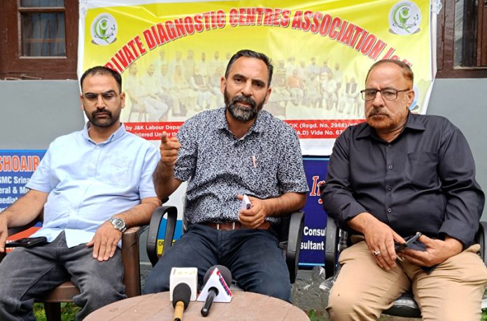 Members of Private Diagnostic Centres’ Association (PDCA) J&K during a press conference in Srinagar on Saturday. — Excelsior/Shakeel