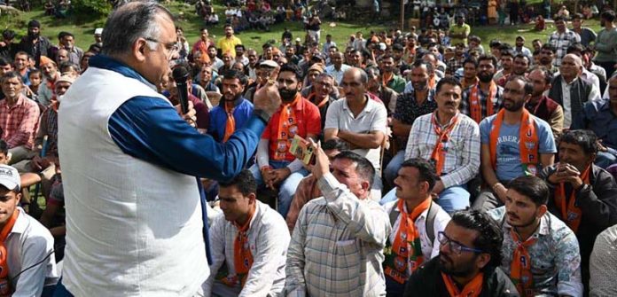 BJP national general secretary Tarun Chugh addressing an election rally at Kishtwar on Monday.