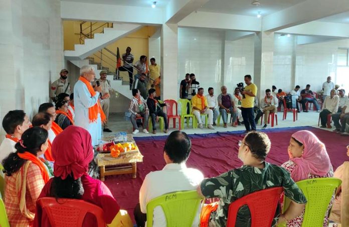 BJP candidate and former Minister, Sham Lal Sharma addressing an election meeting in one of the Wards of Jammu North on Wednesday.