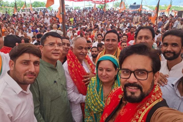 Former Minister and BJP senior leader, Anurag Thakur at an election rally in Pouni, Reasi on Saturday —Excelsior/Mengi