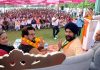 Former Union Minister, Anurag Thakur and BJP national secretary and party candidate from Jammu South, Dr Narinder Singh at a public meeting in Khandwal on Sunday.