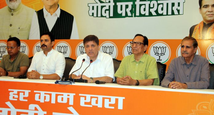 BJP chief spokesperson, Sunil Sethi, party spokespersons, Abhijeet Jasrotia, Y V Sharma, Lt Gen (retd), Rakesh Sharma and Tahir Choudhary at a press conference in Jammu on Tuesday. — Excelsior/Rakesh