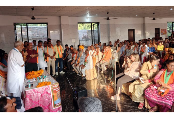 Senior BJP leader Sham Lal Sharma addressing a public gathering in Jammu on Sunday.