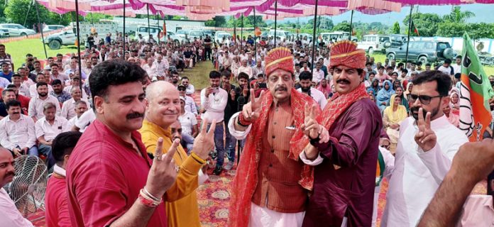 Senior BJP leader Devender Singh Rana during a public gathering at Nagrota on Sunday.