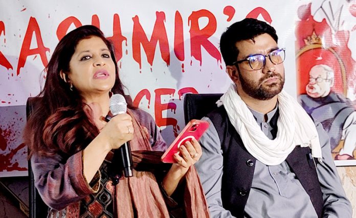 BJP leader Shazia Ilmi during a press conference in Srinagar on Tuesday. — Excelsior/Shakeel