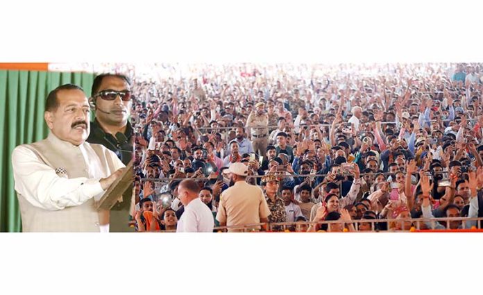 Union Minister Dr Jitendra Singh addressing a BJP public rally at Kathua on Friday.