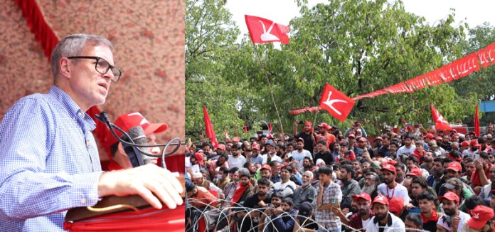 JKNC Vice President Omar Abdullah addresing an election rally on Saturday. —Excelsior/Aabid Nabi