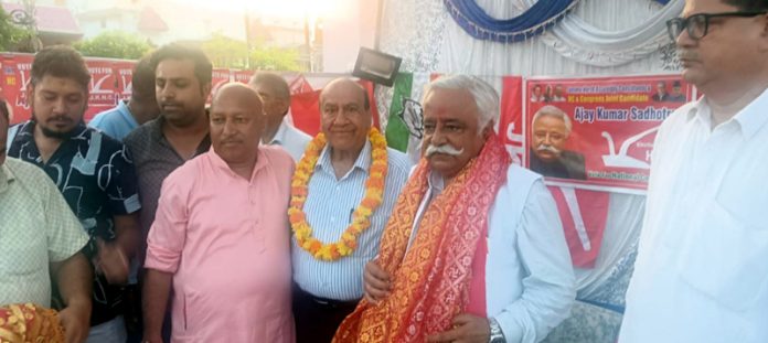 Ajay Sadhotra and other NC leaders during a public meeting in Janipur.